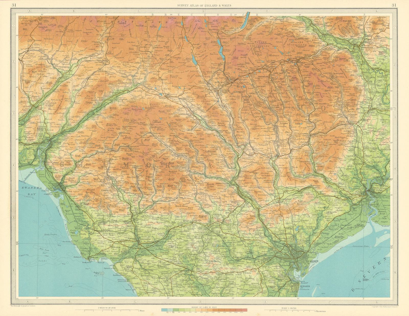 SOUTH WALES Cardiff Merthyr Tydfil Newport Valleys Abergavenny. LARGE 1939 map